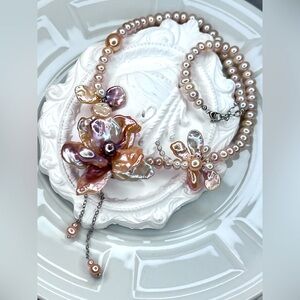 🔥 Beautiful Premium Freshwater Keshi Metallic Ombre  Pearl 🌺 Dragonfly Necklace